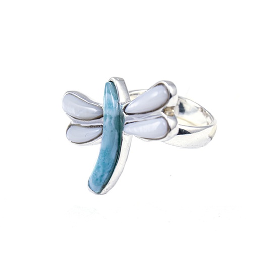[30163] MEDIUM SILVER MOTHER PEARL AND LARIMAR DRAGONFLY RING