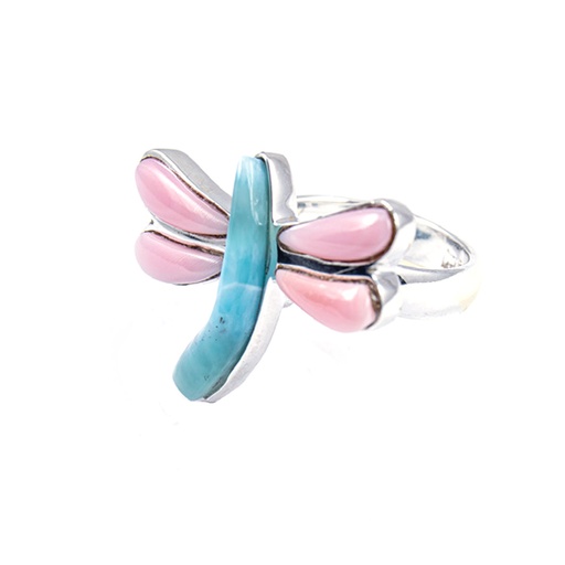 [30164] MEDIUM SILVER PINK SEA SHELL AND LARIMAR DRAGONFLY RING