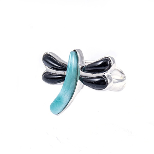 [30165] MEDIUM SILVER COW HORN AND LARIMAR DRAGONFLY RING
