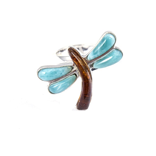 [30167] MEDIUM SILVER LARIMAR AND AMBER DRAGONFLY RING