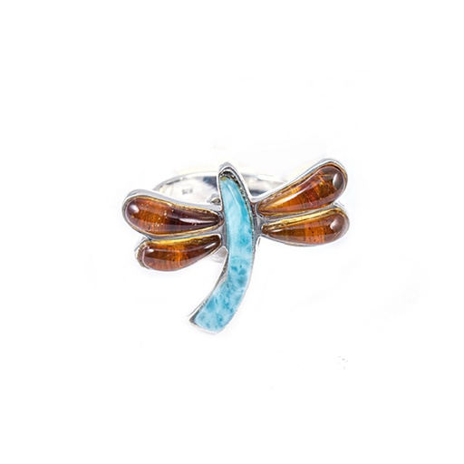 [30169] MEDIUM SILVER AMBER AND LARIMAR DRAGONFLY RING
