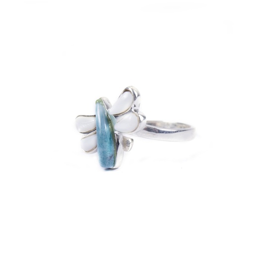 [30192] SMALL SILVER MOTHER PEARL AND LARIMAR DRAGONFLY RING