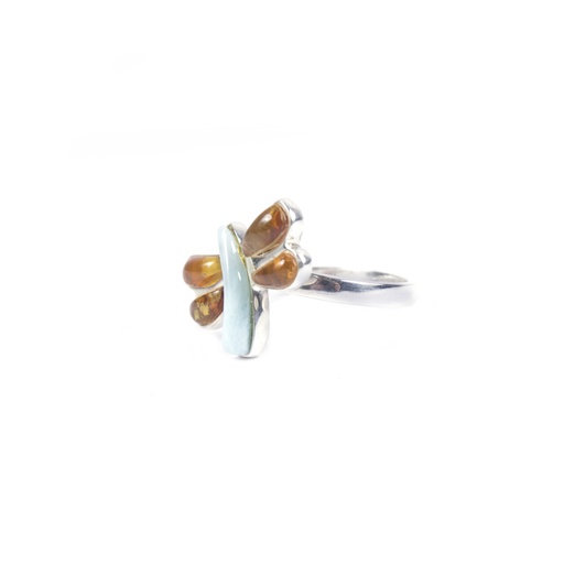 [30195] SMALL SILVER AMBER AND LARIMAR DRAGONFLY RING
