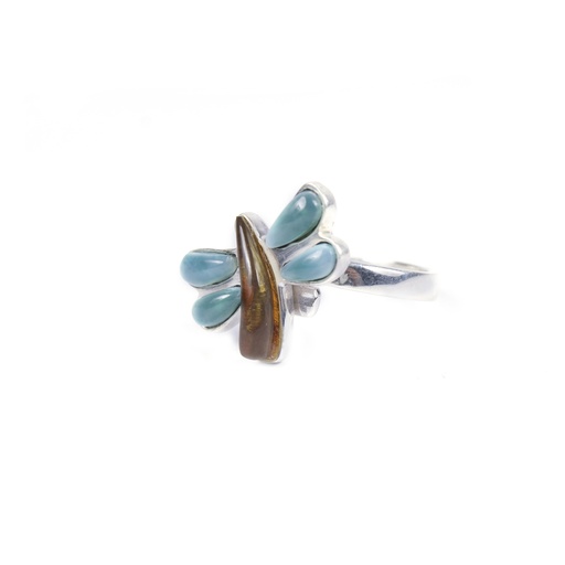 [30196] SMALL SILVER LARIMAR AND AMBER DRAGONFLY RING