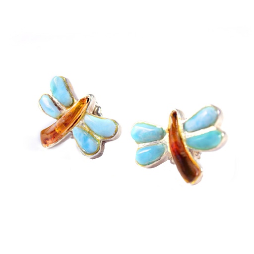 [30187] SMALL SILVER LARIMAR AND AMBER DRAGONFLY EARRINGS