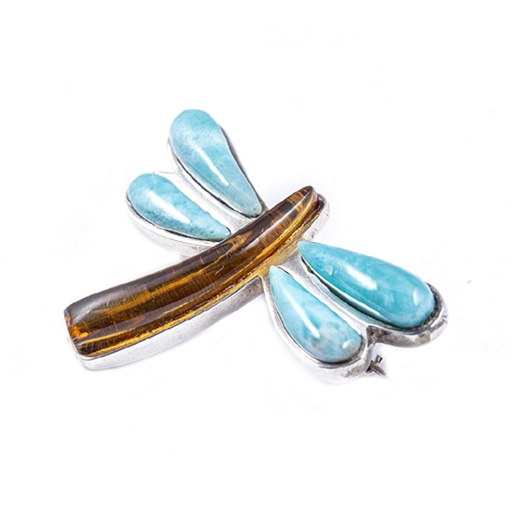 [30198] BIG SILVER LARIMAR AND AMBER DRAGONFLY PIN