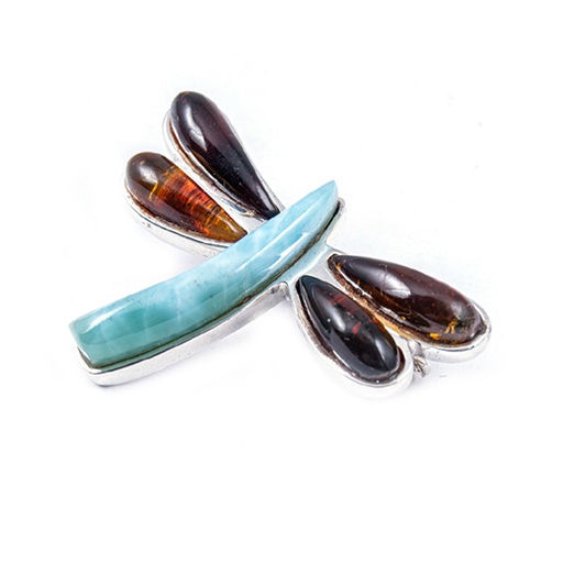 [30201] BIG SILVER AMBER AND LARIMAR DRAGONFLY PIN