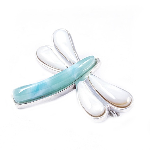 [31267] BIG SILVER MOTHER PEARL AND LARIMAR DRAGONFLY PIN