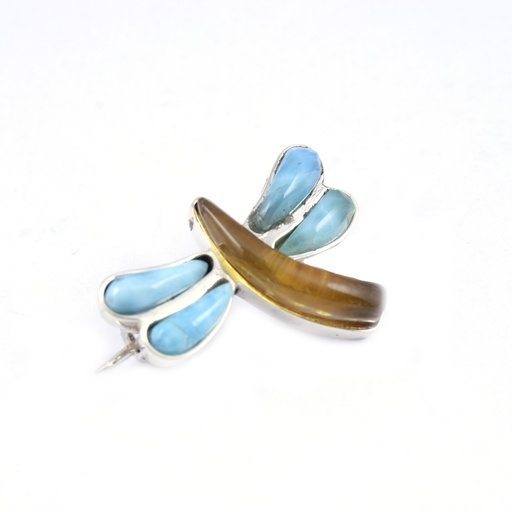 [30203] MEDIUM SILVER LARIMAR AND AMBER DRAGONFLY PIN