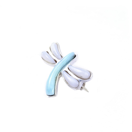 [31355] MEDIUM SILVER MOTHER PEARL AND LARIMAR DRAGONFLY PIN