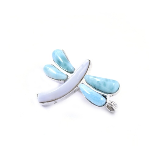 [31571] MEDIUM SILVER LARIMAR AND MOTHER PEARL DRAGONFLY PIN