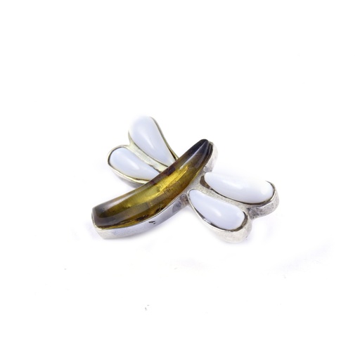 [32255] MEDIUM SILVER MOTHER PEARL AND AMBER DRAGONFLY PIN