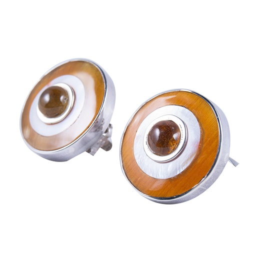 [30021] SMALL SILVER COW HORN, MOTHER PEARL AND AMBER LUZ EARRINGS