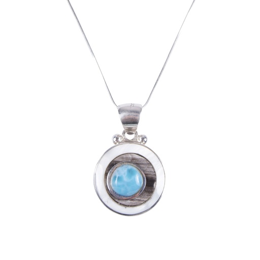 [30008] SMALL SILVER MOTHER PEARL, COW HORN AND LARIMAR LUZ NECKLACE