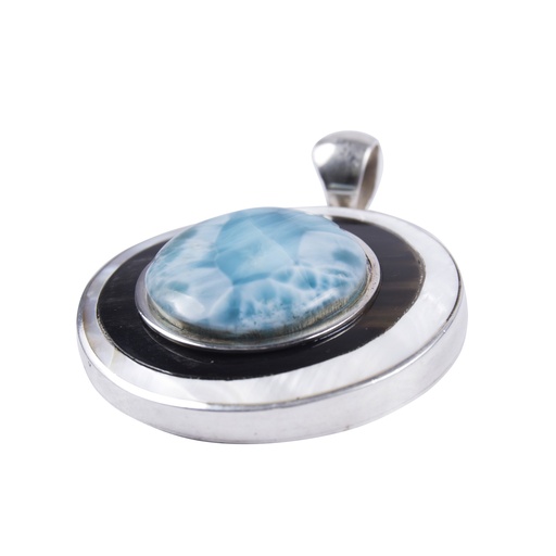 [30010] BIG SILVER MOTHER PEARL, COW HORN AND LARIMAR LUZ PENDANT