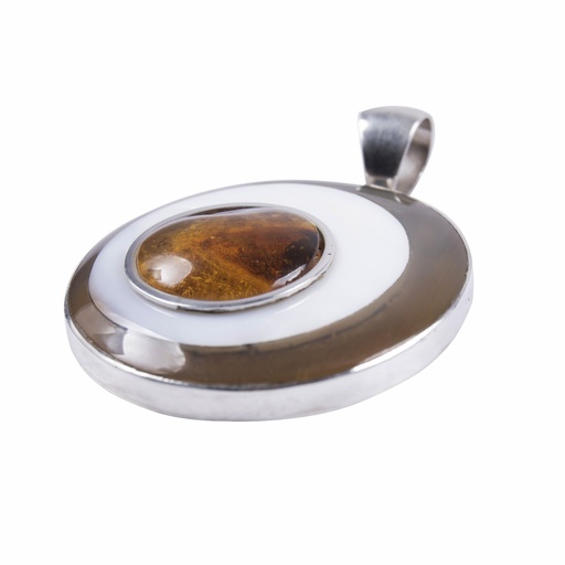 [30006] MEDIUM SILVER COW HORN, MOTHER PEARL AND AMBER LUZ PENDANT