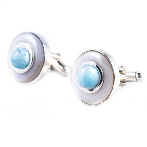 [32190] SILVER MOTHER PEARL AND LARIMAR CUFFLINK